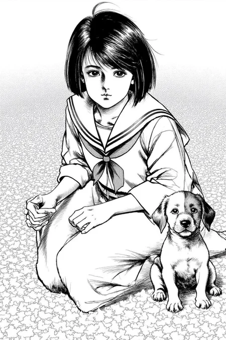 1keryo illustration.
A young girl and a small puppy sitting on a ground covered with scattered leaves. The young girl has a bob cut and is wearing a Japanese sailor fuku school uniform. <lora:1keryo1_cap_d6a3e12:1.0><lora:826535528339075663:0>