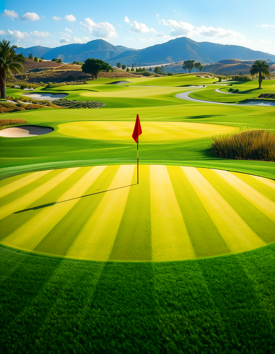 A stunning golf course captured in a high-resolution photograph, bathed in warm sunlight during the golden hour. The vast landscape features lush, perfectly manicured green fairways stretching into the distance, surrounded by rolling hills and scattered sand bunkers with smooth, raked surfaces. A crystal-clear water hazard reflects the sky, adding depth to the scenery. In the foreground, a pristine white golf ball rests on the neatly trimmed grass near a wooden tee marker. A red flag flutters gently atop a flagstick, marking the hole on the undulating green. Tall palm trees or majestic pines line the course, casting long shadows. The background showcases a breathtaking view of distant mountains or a serene blue ocean, enhancing the sense of tranquility and luxury. The sky is a brilliant shade of blue with soft, wispy clouds. The overall composition exudes elegance, precision, and the beauty of nature, capturing the essence of a world-class golf course.
<lora:SDXLFaeTastic2400:0.4> <lora:extremely_detailed:0.4> extremely detailed,<lora:golf_course:1>,golf c0urs3, Masterpiece,best quality,hi res,8k,hi res,8k,award winning,(sharp focus, intricate, highly detailed),