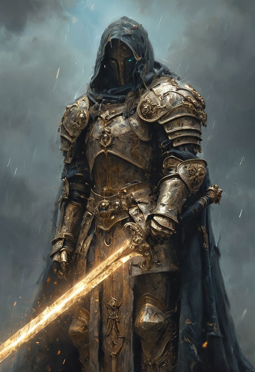 A stunning, highly detailed dark fantasy full body illustration of a proud angelical warrior wearing intricate medieval white HKStyle armor and a grim warrior face, holding a great golden glowing sword, golden and blue glooming eyes, very wide shoulders, wearing big gauntlets, epic composition. The warrior stands heroic with a flowing cloak and white hood during a storm with foggy gloom, thunderclouds in the background. The scene depicts him with brooding emotional agony. style by Greg Rutkowski, by Milo Manara and Russ Mills, with insanely intricate details and textures, gloomy dramatic lighting, 8K resolution