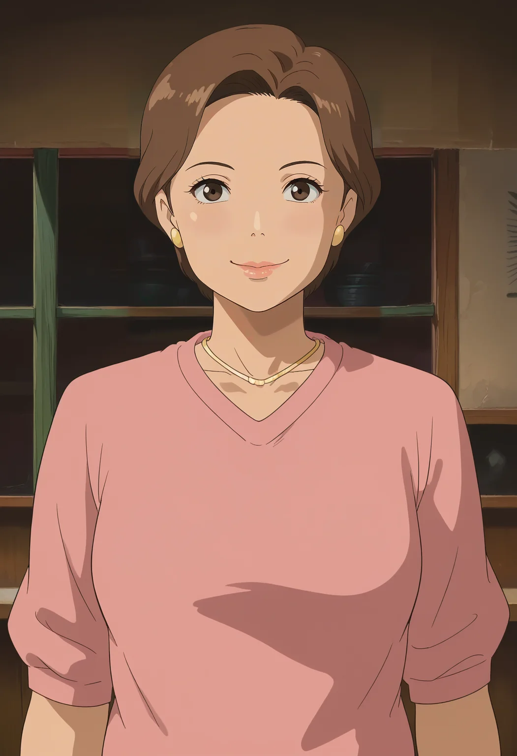 <lora:Yuuko_Ogino-Sen_to_Chihiro_no_Kamikakushi:0.9>,Yuuko,mature female,1girl,solo,brown hair,short hair,pink shirt,upper body,looking at viewer,indoors,light smile,