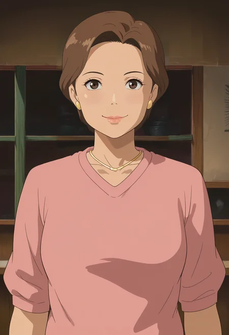 <lora:Yuuko_Ogino-Sen_to_Chihiro_no_Kamikakushi:0.9>,Yuuko,mature female,1girl,solo,brown hair,short hair,pink shirt,upper body,looking at viewer,indoors,light smile,