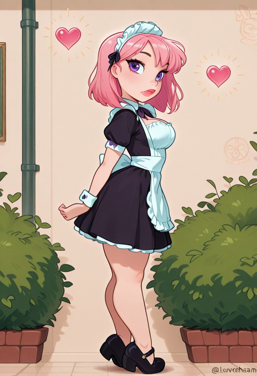 <lora:CivChan:1> side view, CivChan, purple eyes, pink hair, maid outfit, medium breasts, full lips, floating hearts, hearts, doing the homer Simpson walking backward meme, Large bush wall
