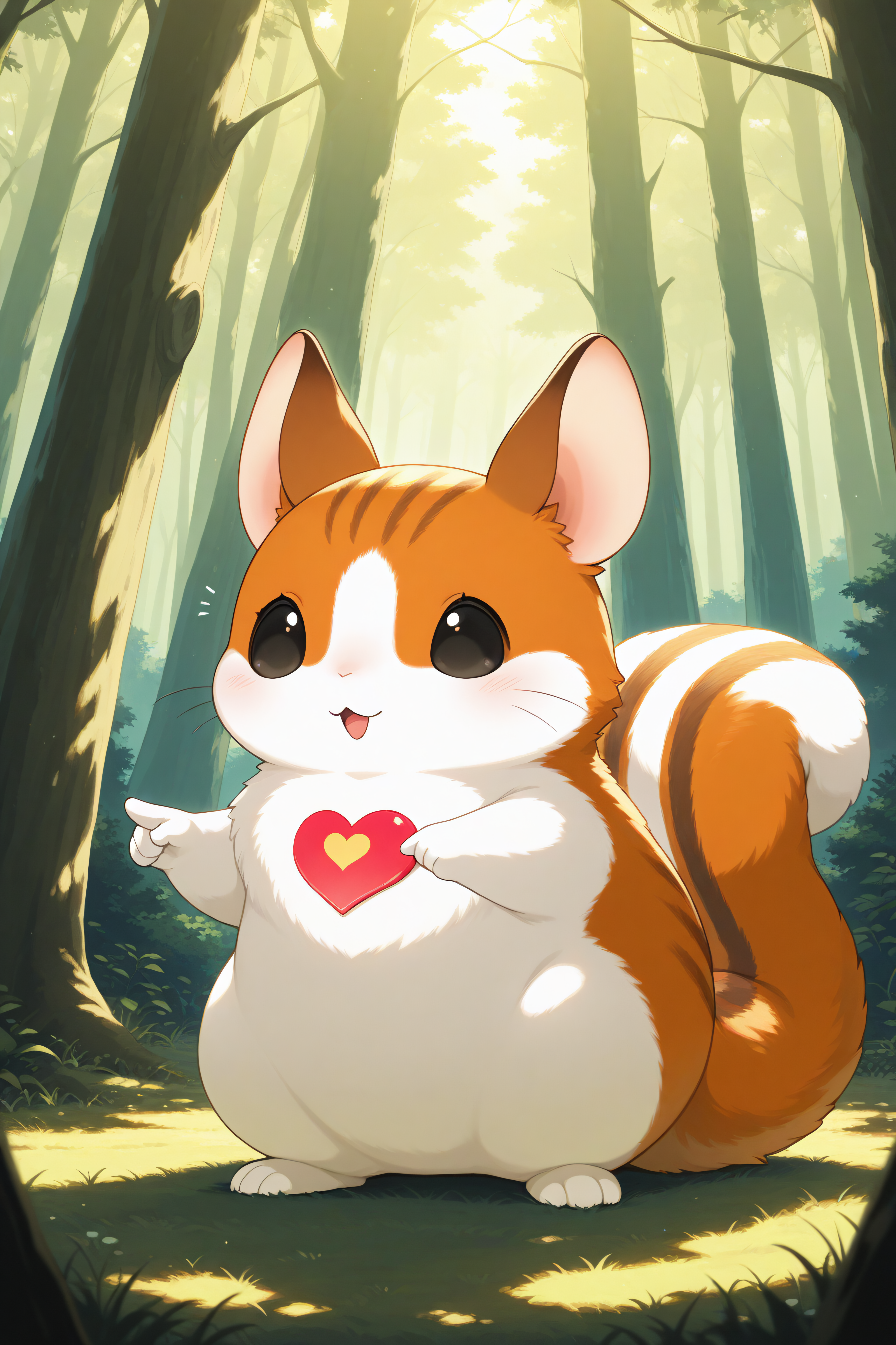 (masterpiece, best quality), In a forest clearing, hares and squirrels exchange small souvenirs in the shape of hearts, happily chirping and pointing at their gifts.