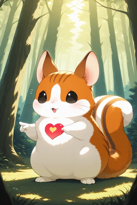 (masterpiece, best quality), In a forest clearing, hares and squirrels exchange small souvenirs in the shape of hearts, happily chirping and pointing at their gifts.