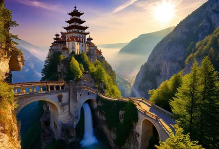 towers ringed in mist, sunrays, mixed media, surrealism, fantasy, great lighting, vibrant colors, dramatic perspective, A surreal landscape highly detailed, extremely high-resolution details, appears trapped in an optical illusion of reflections and refractions colorful, Zhangjiajie mountains, Vienna in contemporary Austria, stone bridges, winding rivers extending to the horizon, professional photography, natural lighting, volumetric lighting maximalist. vivid, vibrant colors, intricately detailed, complex, elegant, expansive, fantastical, film photography style, medium grain, cmnt
(8k uhd:1,4)