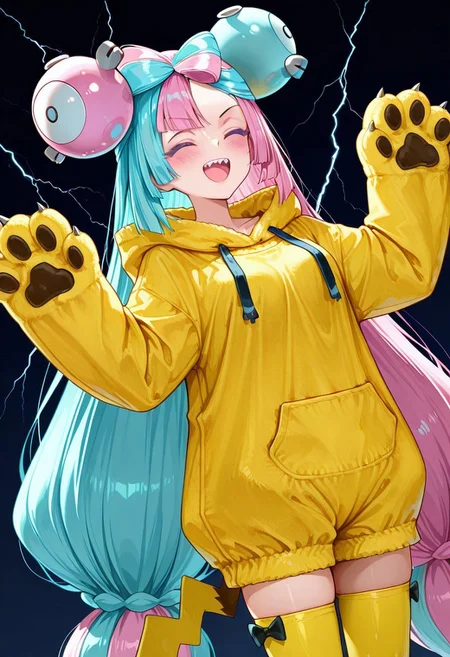 masterpiece, best quality, newest, absurdres, highres, anime,

zzIono, solo, 1girl, long hair, pink eyes, blue hair, pink hair, light blue hair, multicolored hair, bow-shaped hair,
blush, smile, open mouth, closed eyes, spike teeth,

pikachu tail, hood, hood down, onesie, yellow thighhighs, animal hands, long sleeves,

mad-lgthng, lightning,

dutch angle,