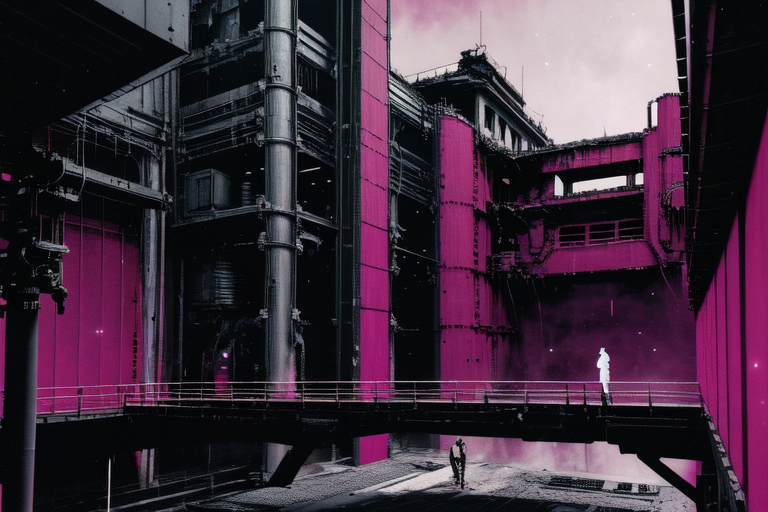 highly insanely detailed, masterpiece, top quality, best quality, highres, 4k, 8k, RAW photo, (very aesthetic, beautiful and aesthetic),  
tsutomu nihei,nihei_tsutomu,blame!,blame gakuen!,abara,TNstyle,sidonia_no_kishi,wire,steam,fog,foggy,ventilation fan,ventilation shaft,star \(sky\),starry sky,light particles,bones,gauna,gauna mech,buildings,clouds,tentacles,air conditioner,machinery,bridge,dark sky,black sky,cables,tubes,industrial pipes,walkway,toha heavy industries,drainpipe,letterboxed,lantern,concrete walls,metal walls,fence,blm,dark background,futuristic,flock,cyberpunk,science fiction,no human, 
<lora:blamev2:0.6>, 
(1girl:1.3), 
solo focus, 
ancient japanese buildings,(pure magenta background,transparent background:1.2),âââ