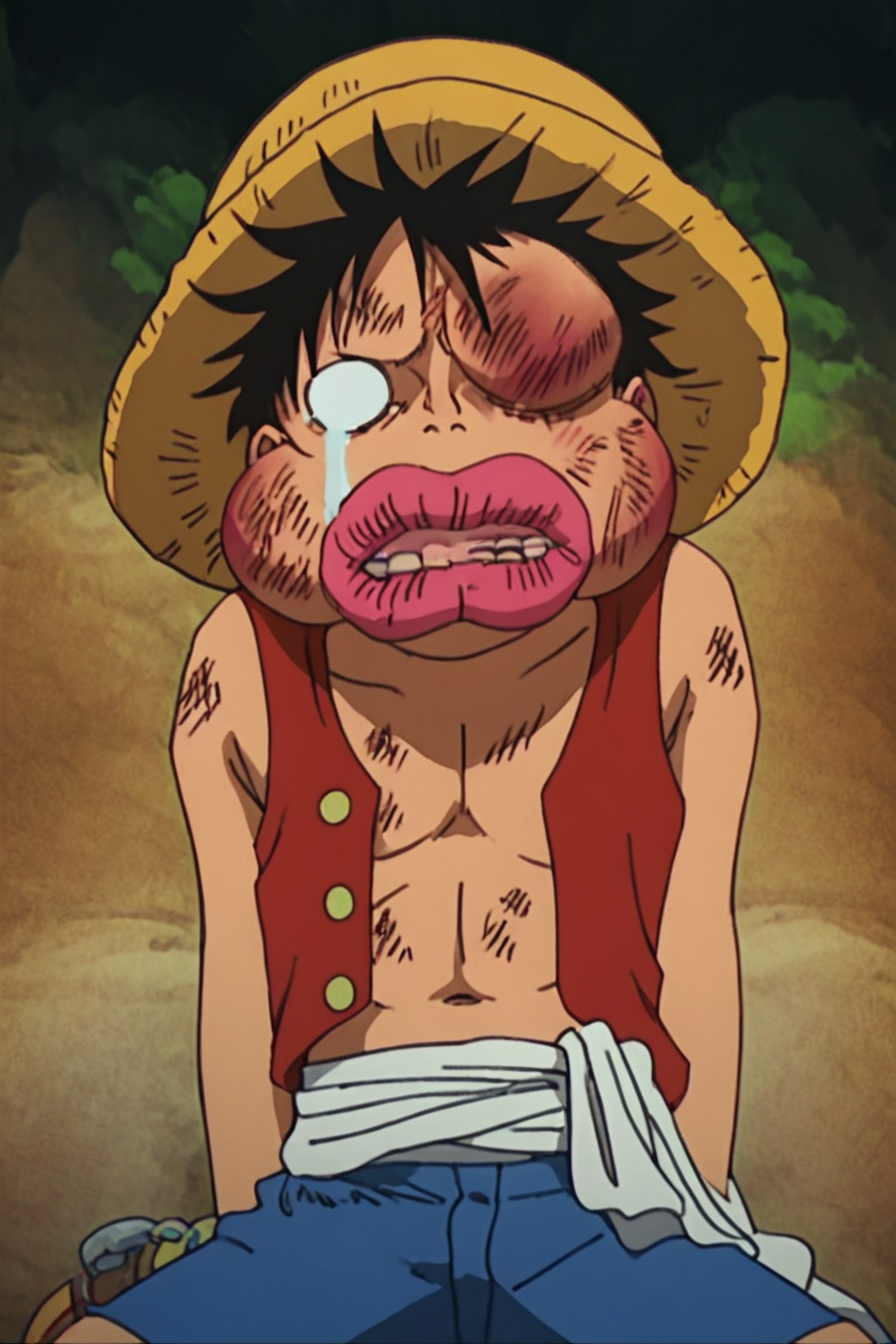 score_9, score_8_up, score_7_up, score_6_up, score_5_up, score_4_up,  <lora:LUFFY_pony_XL:0.7>, Luffy, straw hat, <lora:beat_up_face:0.8>, 1boy, solo, blank eyes, alone, tears, swollen lips, bruise, swollen eyes, missing tooth, swollen cheeks, masterpiece, highres