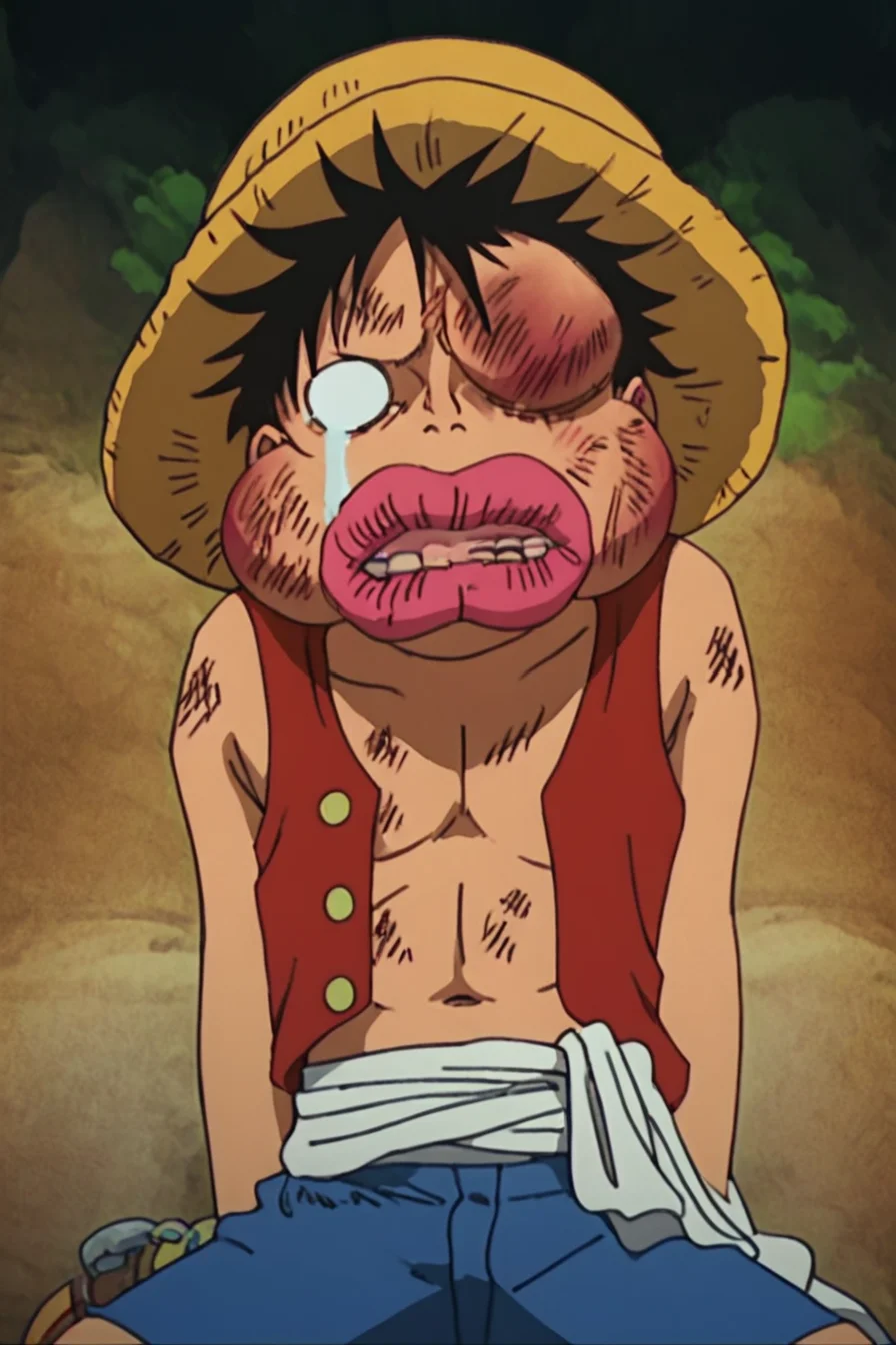 score_9, score_8_up, score_7_up, score_6_up, score_5_up, score_4_up, <lora:LUFFY_pony_XL:0.7>, Luffy, straw hat, <lora:beat_up_face:0.8>, 1boy, solo, blank eyes, alone, tears, swollen lips, bruise, swollen eyes, missing tooth, swollen cheeks, masterpiece, highres
