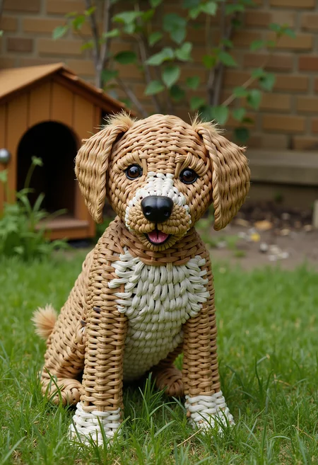 wkrstyle, a dog, in the garden, near a dog house, 
