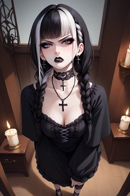 score_9, score_8_up, score_7_up,  score9, score8, score7, score6, 
BREAK,
gothic girl, 1 girl, solo, highly detailed, OverallDetail, goth girl, hair in two braided ponytails, beautiful face, pale skin, black lipstick, goth, multicolored hair, black hair, white bangs, choker, cross necklace,
BREAK,
(dynamic pose :1.5), (from above:1.3), looking back, spread legs, standing, angry face, bent over, bent back, flustered, short laced dress, pussy, arroused, dark pussy, excessive pubic hair, pussy juice, tilted head, small tits,
BREAK,
(gothic room:1.5),  grey walls, candles,   <lora:gg3:1>   <lora:Mx2j-Style-PonyXL-Dora:1>