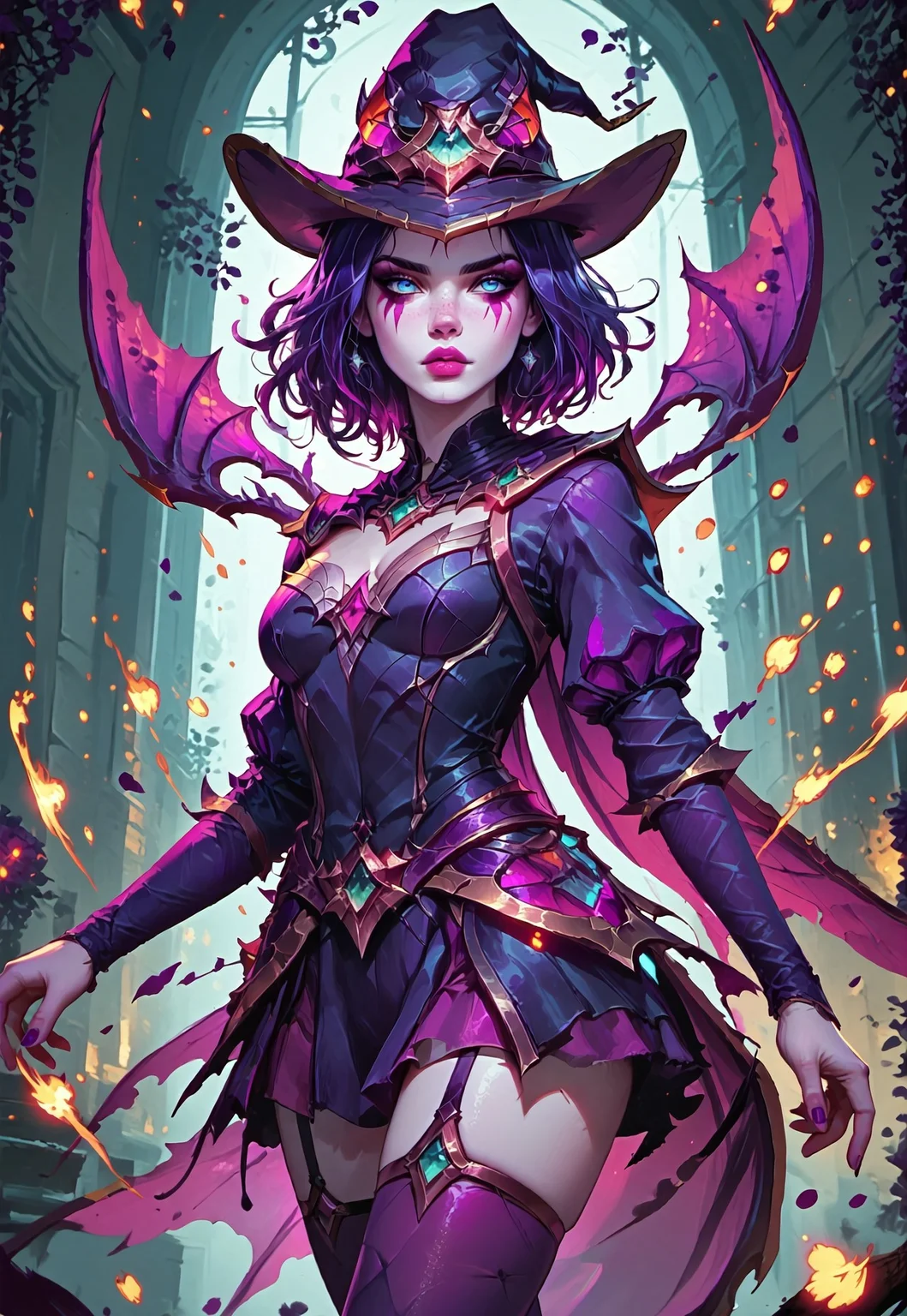 ((zPDXL3)), ((masterpiece,best quality, highly detailed)), ((score_9)), score_8_up, score_7_up, score_6_up, score_5_up, score_4_up, Digital painting style, brushstrokes, ((EnhanceImage)), solo, 1girl, LeBlancBXL, white skin, colored skin, makeup, blue eyes, purple hair, multicolored hair, short hair, witch hat, medium breasts, cape wings, cleavage, purple dress, detaches sleeves, purple sleeves, purple skirt, purple thighhighs, purple high heels, Expressiveh, 30yo, adult lustful confident woman, petite, slender body, perky saggy natural breasts, full lips, bangs, sidelocks, straps,
chinese magical sorceress, animated, swirling magic, wisps of magic, dancing pose, tight squeezed outfit, magical accessories, evoking motion, conveying motion, dynamic splash art, 
<lora:PainterlyFantasiaPDXL:0.6>,