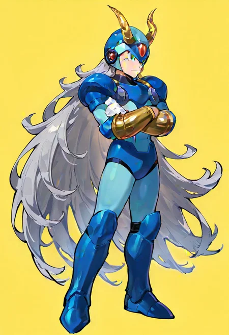 masterpiece, best quality, amazing quality, highres, high resolution, solo, score_9, score_8_up, score_7_up, 1boy, male focus, :green_eyes, blue_helmet, blue_armor, blue_bodysuit, white_gloves, blue_boots, very long hair, grey hair, large pectorals, ex kulve taroth alpha armor, gold horns, gold gauntlets, black knee boots, gold pauldrons, arms crossed, full body,