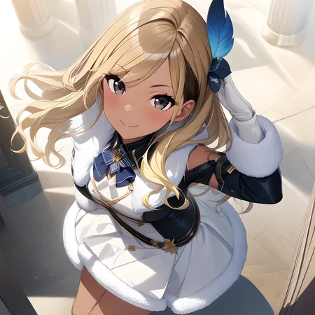 (masterpiece),(best quality),(ultra-detailed),(best illustration),(best shadow),(absurdres),(detailed background),(very aesthetic), mei_izumi, 1girl, solo, blonde hair, gloves, skirt, brown hair, fur trim, dark skin, black eyes, white gloves, white background, dark-skinned female, long hair, multicolored hair, smile <lora:XL-MeiIzumi:1>