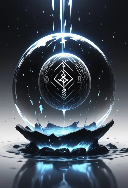 (masterpiece), best quality, Symphtia-Style, Anime, (Floating Sphere, Dripping Liquid), White Background, No Humans, Black and White Theme, (Ancient Runes, Glowing Runes, Light Refraction), Symphtia-Style, Zyrnox-Exoterra Style
