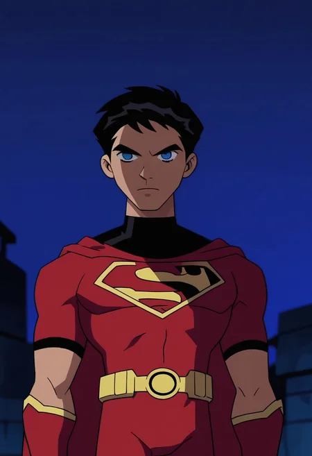 score_9_up, score_8_up, score_7_up, source_anime, anime screencap, portrait, close up of Superman,1boy,solo,male focus, hair quiff, blue eyes, black hair, short hair, blue eyes,no pupils,red cape, red trunks, yellow belt, red boots, flat color, outdoors, night, blue_background, 1990s_\(style\), closed_mouth, silhouette, dark