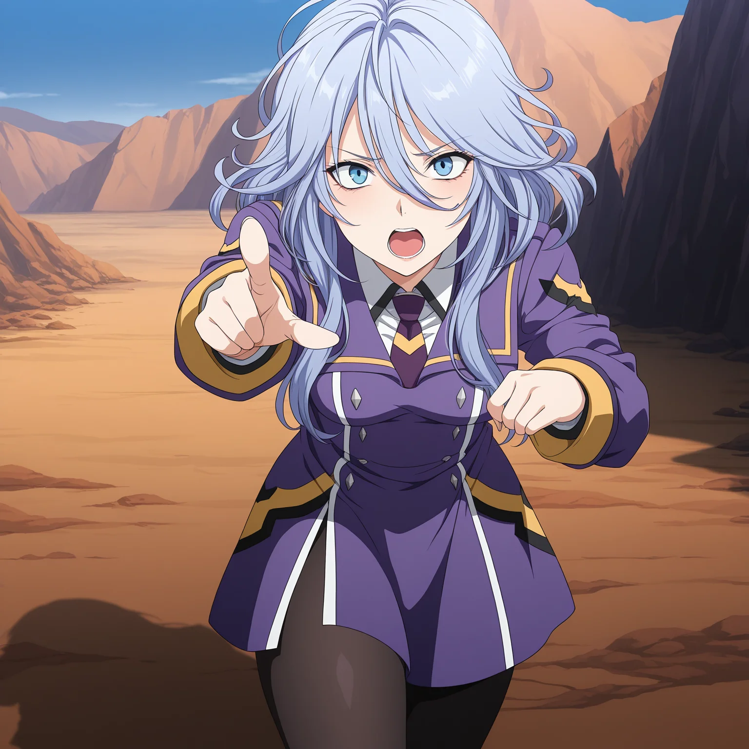 masterpiece, best quality, amazing quality, anime screencap, 1girl, solo, standing, cowboy shot, outdoors, scenery, looking at viewer, pointing at viewer, open mouth, <lora:shiony:0.9>, shiony regis, blue hair, blue eyes, purple military uniform, black pantyhose, medium breasts, thick thighs,