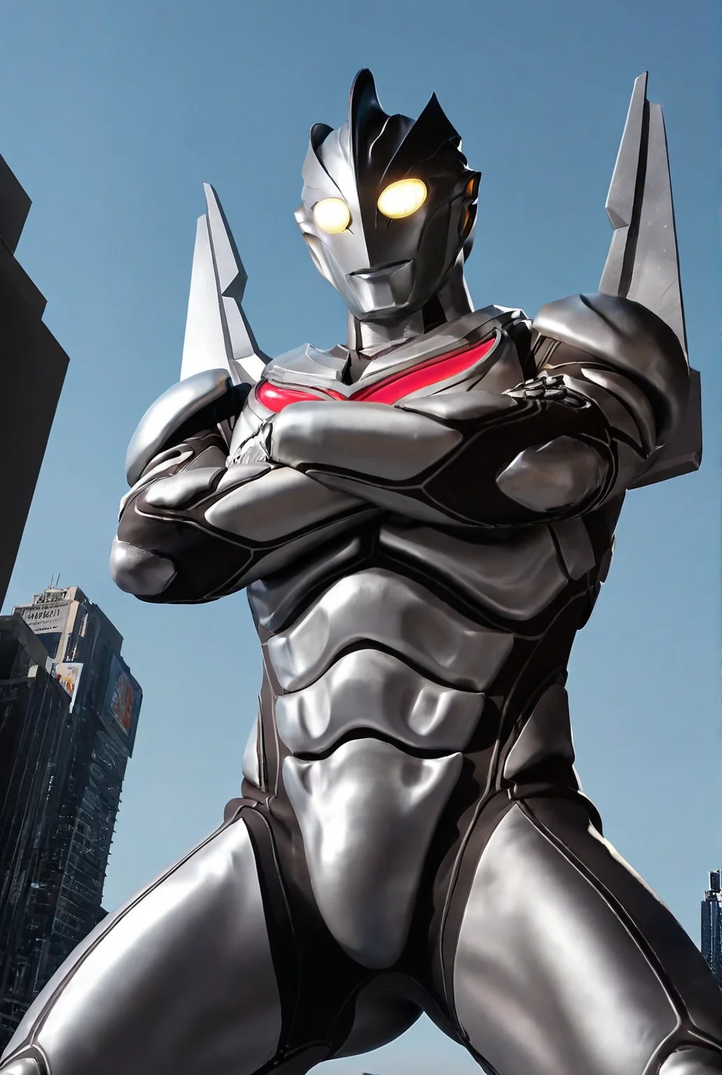 very awe,aesthetically pleasing,masterpiece,best quality,amazing quality,very aesthetic,ultra-detailed,high resolution,8k,1boy,solo,cowboy shot,bara,male focus,detailed face,bodysuit,alien,tokusatsu,yellow eyes,science fiction,no humans,glowing eyes,armor,from below,crossed arms, spread legs, perspective,blue sky,giant,cityscape,<lora:Ultraman Noa:0.8>,nuoya,