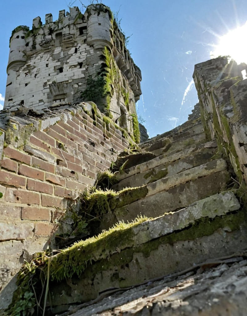 <lora:YCO_xl_F1c:1> yco_xl, fortified castle, outside, from low very angle, closeup, dirty, vegetation, with ruins, brown and white and grey colored castle wall bricks, broken, some moss, wet, blue sky, sun shades, stair,