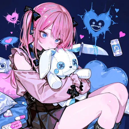 lazypos, usnr, 748cmstyle, 1girl, pink hair, blue eyes, insane expression, limited palette, jirai-kei, jirai kei clothes, jirai kei outfit, yami-kei, denpa-kei, denpa, denpa aesthetic, denpa colors, sitting, hugging a plushie, knife, pills, pink blood, pink, black, blue, hearts, heart, cute background, yami background, simple background