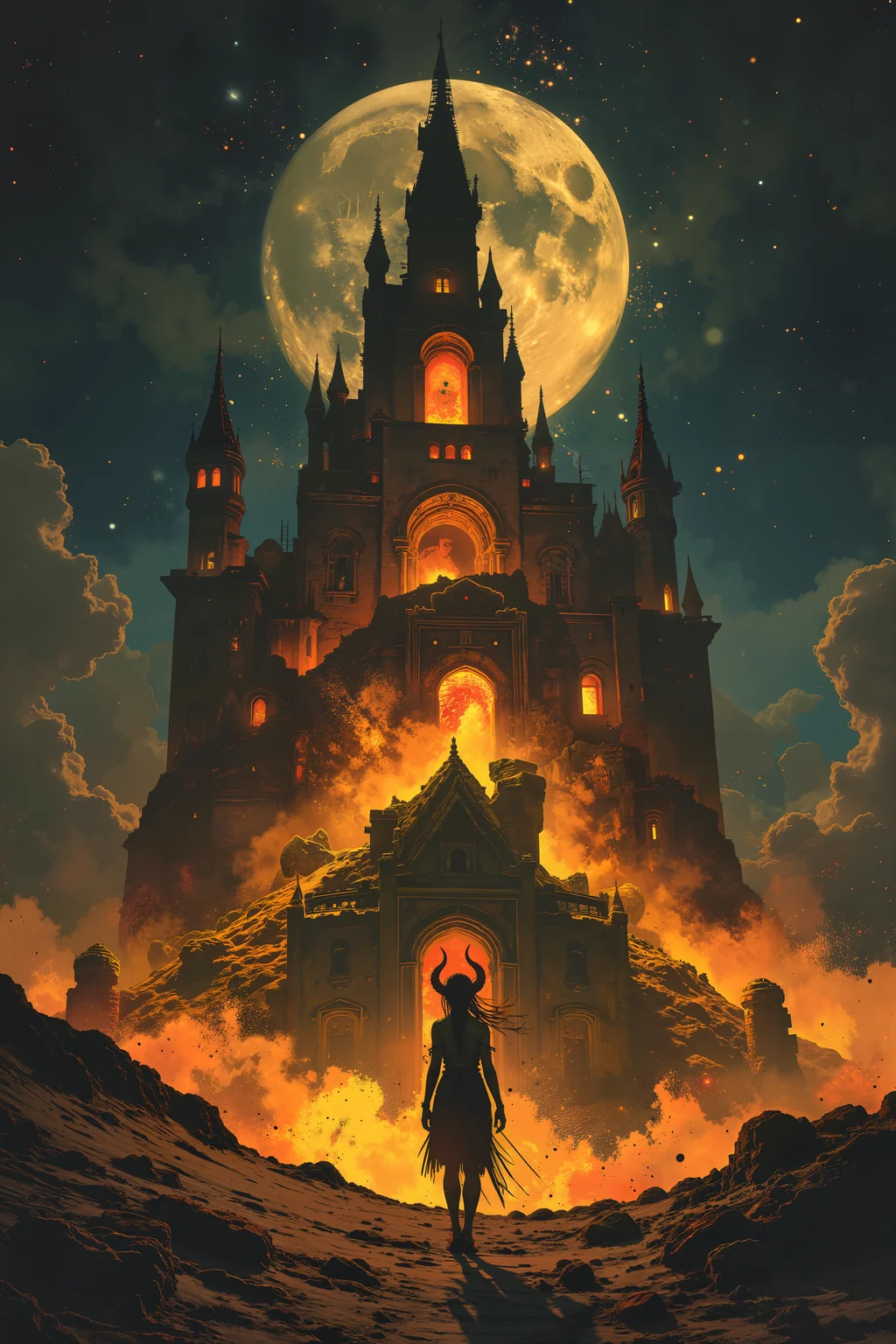 On the windswept plains of an endless desert, a tiefling with deep crimson skin and spiraling, golden horns builds towering sand sculptures that shimmer with trapped starlight. Her hands move with a dancerâs grace, shaping the fine, magical sand into intricate castles, creatures, and mythical scenes. Each finished piece glows faintly in the moonlight, their surfaces rippling as if alive. The desert wind carries a faint, melodic hum that seems to harmonize with the tieflingâs soft singing, her golden eyes reflecting the endless expanse of the starry sky above. Around her, glowing dunes stretch as far as the eye can see, their shifting shapes catching the light of the twin moons. A small, mischievous dust spirit flits around her sculptures, adding tiny flourishes to her work and giggling softly. The air is cool and dry, carrying the faint scent of jasmine that blooms from her enchanted satchel. The tieflingâs tail sways rhythmically as she steps back to admire her work, the joy of creation evident on her face. Despite the vastness of the desert, her art brings a sense of warmth and connection to the space. , detailed background Fantastic lighting. Detailed shadows.intricate details, vivid colors, hyper-detailed, ultra-sharp, High resolution, high detail. Highly detailed. , <lora:Luminous_Shadowscape-000016:0.4><lora:black_fantasy_1.0:0.4><lora:Glitchcore_Flux:0.4><lora:- Flux1 - vanta_black_V2.0:0.4>