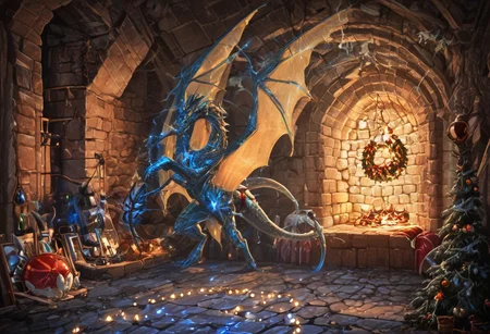 Dragon in Christmas cave, cave, festive cave, Christmas decorations, Christmas lights
(((Sparkling, Sparkly))) glowing dragon, christmas dragon, dragon wrapped in Christmas lights, glowing matrix, glowing Christmas lights, hyper realistic, photorealistic, HD, High detail, High detail eyes, high detail face, wings, glowing wings, light scales, glowing Christmas lights on wings, glowing light scales, tail, tail wrapped in Christmas lights, four legs,
BREAK
Snowy background