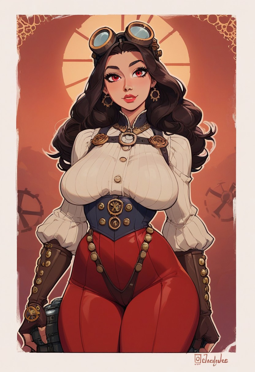 score_9, score_8_up,  score_9, score_8_up,     1woman, <mature face>, Steampunk engineer, <revealing outfit>, long white straight hair, dark red eyes, enormous saggy breasts, thin waist, narrow shoulders, sexy wide hips, sexy thick thighs, goggles on top of head,  simple shadows, flat coloring, flat shadows, thick lines, white outline,