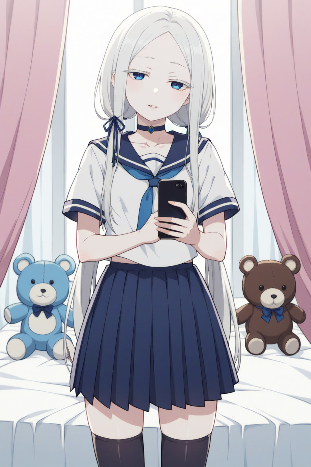 score_9, score_8_up, score_7_up, source_anime, 1girl, prefect lighting, very aesthetic, intricate details, highly detailed background, masterpiece, high quality, prefect hands, best quality, solo,
<lora:Pandora_ReZero_V1:.75>, KJOpandora, white hair, blue eyes, parted bangs, Long eyelashes, very long hair, hair ribbon, half-closed eyes, pale skin,
serafuku, short sleeves, black pleated skirt,  thighhighs, choker, low twintails, 
standing, holding phone, mirror, looking at viewer, seductive smile, parted lips, head tilt,
bedroom, girls bed, stuffed animal, pink curtains,
(Beautiful, small Breasts:1.2), natural breasts,