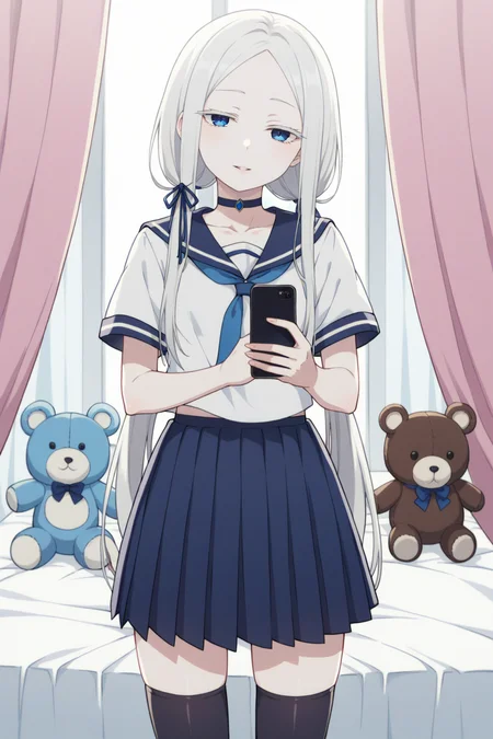 score_9, score_8_up, score_7_up, source_anime, 1girl, prefect lighting, very aesthetic, intricate details, highly detailed background, masterpiece, high quality, prefect hands, best quality, solo,
<lora:Pandora_ReZero_V1:.75>, KJOpandora, white hair, blue eyes, parted bangs, Long eyelashes, very long hair, hair ribbon, half-closed eyes, pale skin,
serafuku, short sleeves, black pleated skirt,  thighhighs, choker, low twintails, 
standing, holding phone, mirror, looking at viewer, seductive smile, parted lips, head tilt,
bedroom, girls bed, stuffed animal, pink curtains,
(Beautiful, small Breasts:1.2), natural breasts,