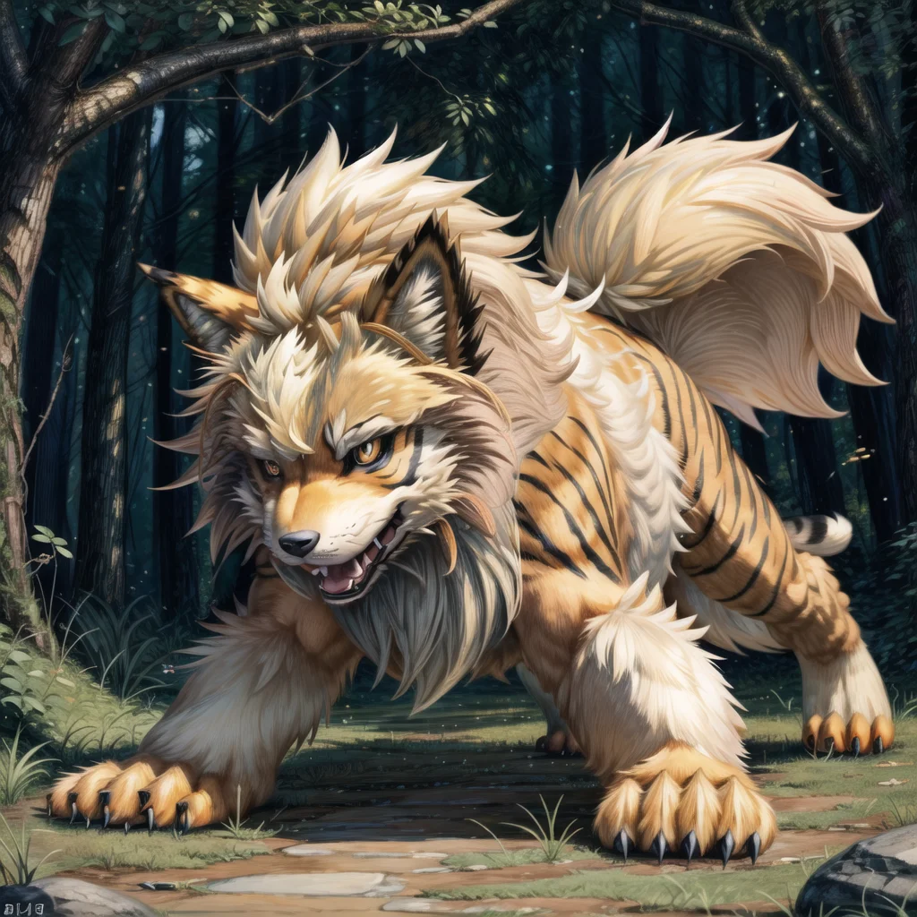 (((Arcanine, Pokmon, Animal,))), solo, single, Tiger, wolf, orange fur, fluffy,   <lora:Arcanine - Pokmon:1>
(masterpiece, sidelighting, finely detailed, beautiful),  <lora:add_detail:1> <lora:hairdetailer:0.2>
In forest,