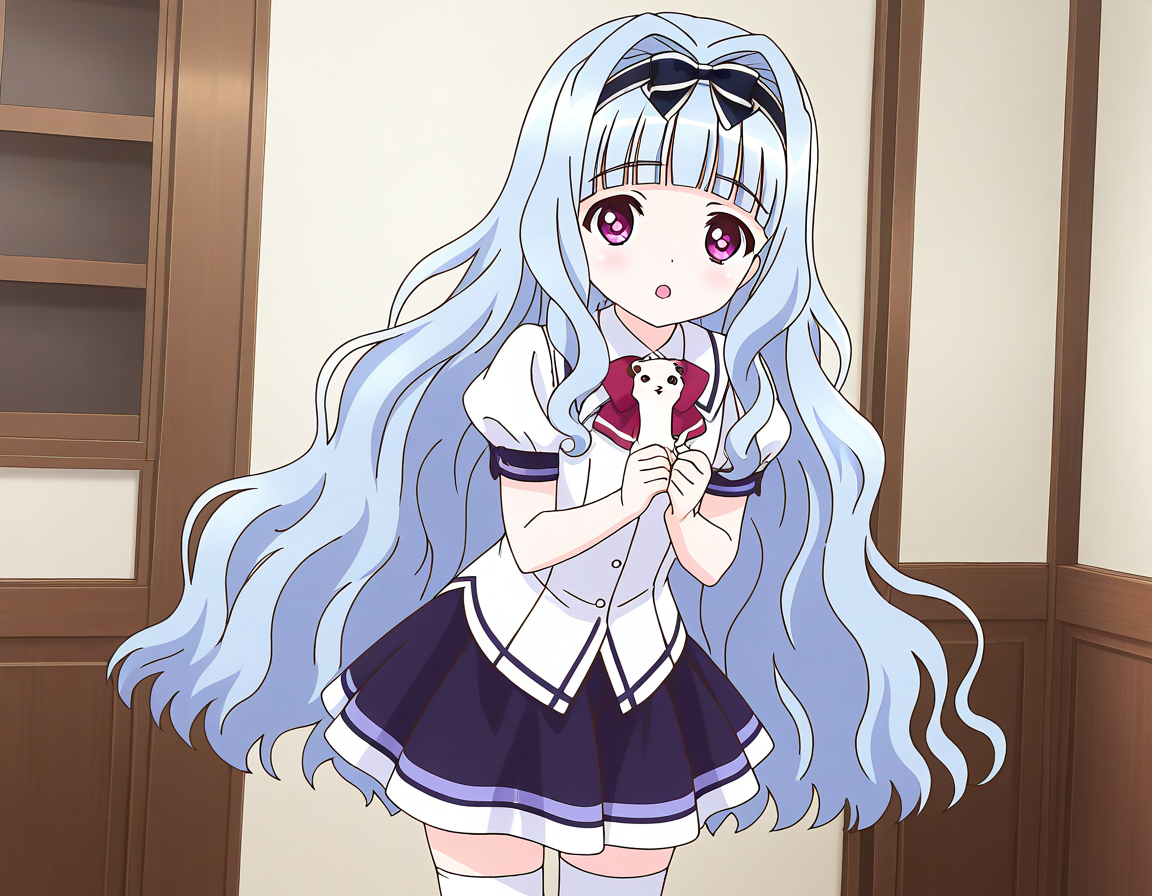 general,highres, ultra-detailed,very aesthetic,best quality ,best hands,  BREAK <lora:Watayuki_BP_IS:1>Watayuki(BP), 1girl,solo, hairband, very long hair, hair bow, purple eyes,  hair intakes, light blue hair, blunt bangs, wavy hair,
 thighhighs, school uniform, skirt, white thighhighs, bow, zettai ryouiki, ribbon, indoors, short sleeves, shirt, 
open mouth, pink eyes, white shirt, puffy sleeves, looking at viewer, miniskirt,
multiple_animals,  white_ferret,