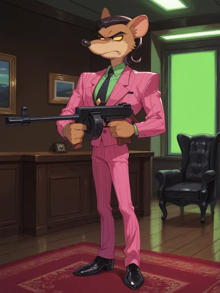 score_9, score_8_up, score_7_up, Masterpiece, Best Quality, high quality cg, masterpiece, best quality, solo, 1boy, furry male, Pinstripe Potoroo, brown fur, slicked back black hair, yellow sclera, black eyes, pink pinstripe suit, pink jacket, green shirt, black tie, pink pants, black shoes, male focus, dynamic pose dramatic pose, holding thompson submachine gun, annoyed, standing tall, knocked over furniture, office room, intimidating, wood flooring, neon green window in background, large painting, black luxury leather chair, wooden desk, green lighting, skylight, persian rug, science fiction, <lora:Pinstripe_Potoroo-000049:0.9>,