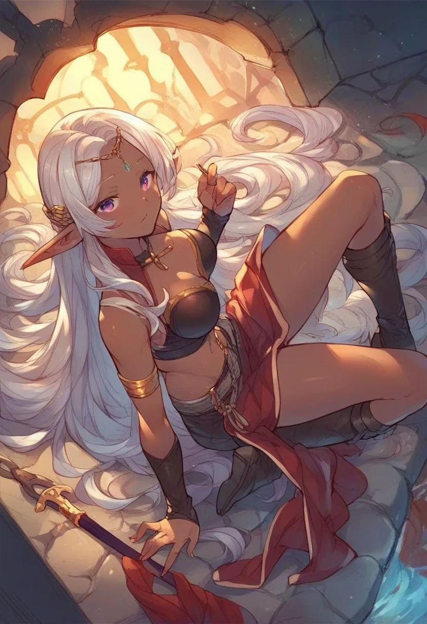 <lora:Granblue_Fantasy_for_Pony:1> gb_style, exploring the dungeon, female, score_9, score_8_up, score_7_up, score_6_up, score_5_up, score_4_up, hd, (ultra hd quality details), 8K, 2d illustration, dark elf