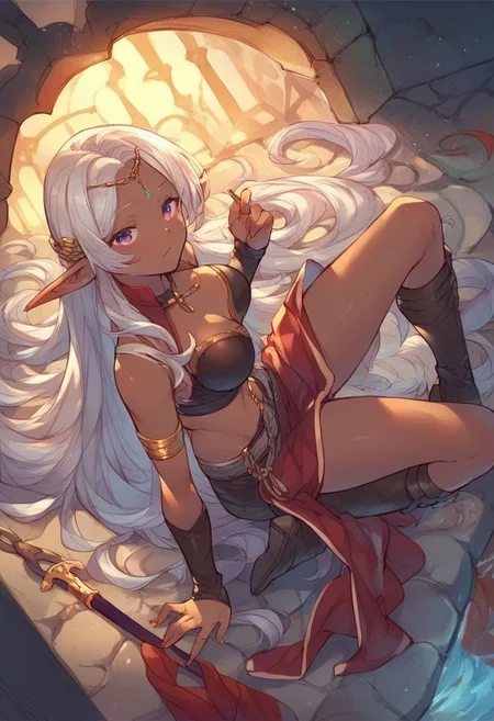 <lora:Granblue_Fantasy_for_Pony:1> gb_style, exploring the dungeon, female, score_9, score_8_up, score_7_up, score_6_up, score_5_up, score_4_up, hd, (ultra hd quality details), 8K, 2d illustration, dark elf