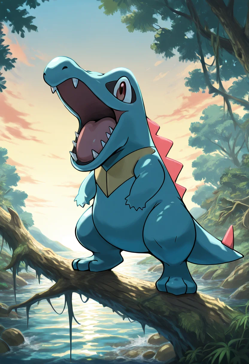 masterpiece, best quality, no humans, solo,    zzTotodile, perched on a fallen tree above a roaring river, roaring back at thunder from a storm above with its claws raised.   ,<lora:TotodilePokedex_IXL:1.0>,
