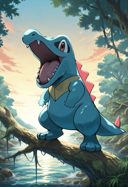 masterpiece, best quality, no humans, solo, zzTotodile, perched on a fallen tree above a roaring river, roaring back at thunder from a storm above with its claws raised. ,<lora:TotodilePokedex_IXL:1.0>,
