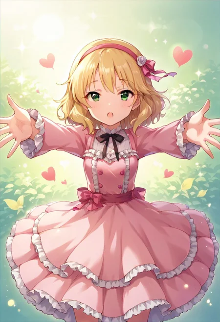 score_9, score_8_up, score_7_up, source_anime,sakurai momoka, blonde hair, green eyes, short hair, 1girl, dress, solo, frilled dress, hairband, outstretched arms, looking at viewer, heart, pink dress
