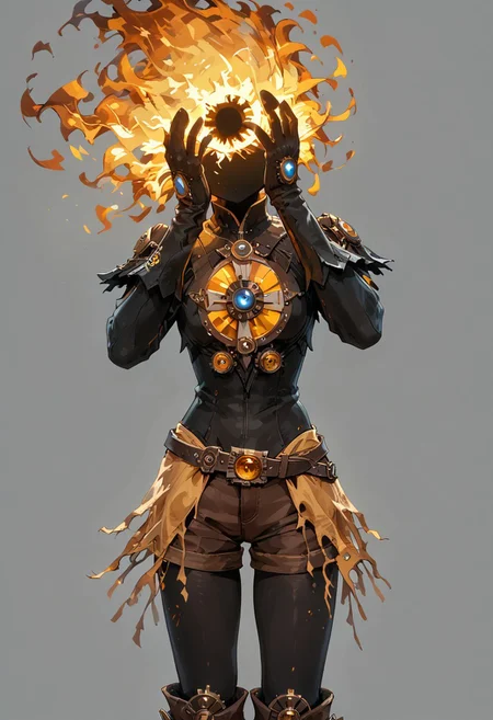 score_9, score_8_up, score_7_up, solo,
lord_of_frenzy, fire head,
headache,
(A cinematic shot:1.2), hkmagic,
novakin, faceless, no eyes, no mouth, no nose, no facial features, short fiery yellow orange hair, body made of black plasma,
open hands, hands on face front,
hands on own head, 
upside-down, backflip,
magical girl outfit, (steampunk dress:1.1), boots, (brown shorts:1.1), black tights, medium breasts, belt, gloves, 
simple background, grey background,