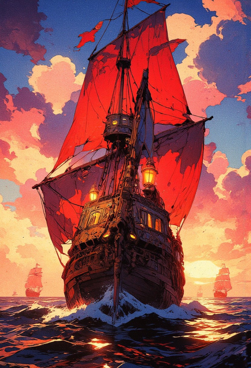 A majestic pirate ship with crimson sails glides through the open ocean at sunset. The ship's wooden hull is adorned with intricate carvings, and lanterns glow warmly, casting flickering light on the deck. The waves crash against the bow, reflecting the golden hues of the setting sun. In the background, a dramatic sky filled with billowing clouds ignites with shades of orange, pink, and purple, while distant ships sail toward the horizon. The perspective captures the ship’s grandeur, emphasizing its towering masts and flow,  anime, cyberpunk