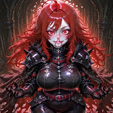 very aesthetic, masterpiece, best quality, highres, absurdres, amazing quality, high resolution, medieval background, detailed eyes, perfect eyes, expressive eyes, Expressiveh, vivid colors, realistic lighting, perfect anatomy, addmicrodetails, ultra detailed face, ultra detailed eyes
Red Eyes, long hair, red hair, pale skin, voluptuous, cellulite, chubby, large breasts, ((uneven eyes)), freckles, crazy eyes, wide hips
black medieval armor, black armor, black gloves, sharp fingers, black gauntlets, dark red leather straps, black fur cloak, black fur collar, black leggings, black pauldrons, black shirt, button up shirt, button down shirt, gambeson
absurdres, highres, anime, anime style, ExcessiveAnimeNosebleed, nose bleed, bleed, excessive nose bleed, blood, nosebleed,