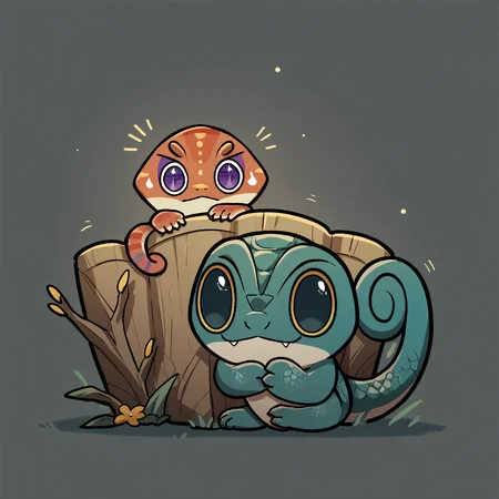 score_9, score_8_up, <lora:critterPickHonkaiStar_v10:1> hcrpick, animal, no humans, chibi, <lora:ChamChameleonPonyXL:0.4> Chameleon, lizard, feral, scales