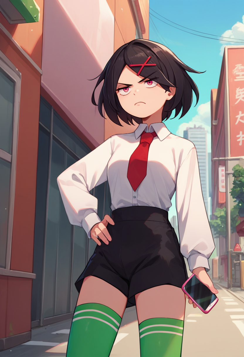 score_9, score_8_up, score_7_up, source_anime, solo, 1girl, rcgmisako, unamused, looking at phone, standing, hand on own hip, holding phone, hairclip, x hair ornament, white shirt, red necktie, long sleeves, black shorts, green thighhighs, outdoors, city street <lora:rcg_misako_ponyXL:1>