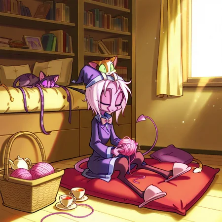 score_9, score_8_up, score_7_up,namah_calah,
1girl,solo,furry,tail, source_furry,horns,
,<lora:namah_calah_illustrious:0.8>,
child, kid,
Dressing a Cat in a Tiny Hat,
cat, knitted_hat, bowtie, cushion, living_room, sunlight, yarn, basket, slippers, teacup, bookshelf, ribbon ,
a cozy living room bathed in warm sunlight. You gently place a tiny knitted hat on your cat’s head, its ears twitching under the yarn. A bowtie hangs loosely around its neck as it sits on a cushion, blinking at you with mild confusion. Slippers shuffle nearby, a teacup steams on the bookshelf, and the cat’s regal, slightly puzzled look is pure cuteness