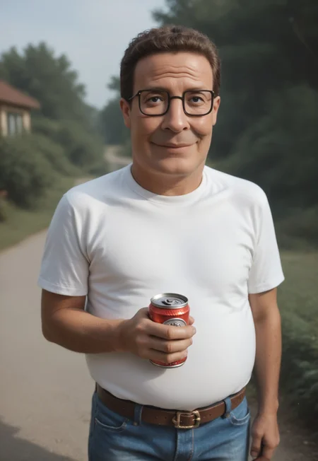 score_9, score_7_up BREAK male focus, hankhillpd, mature male, glasses, brown hair, white t-shirt, jeans, belt, holding can, outdoors, black eyes, light smile, looking at viewer <lora:hankhill_pd:0.8>