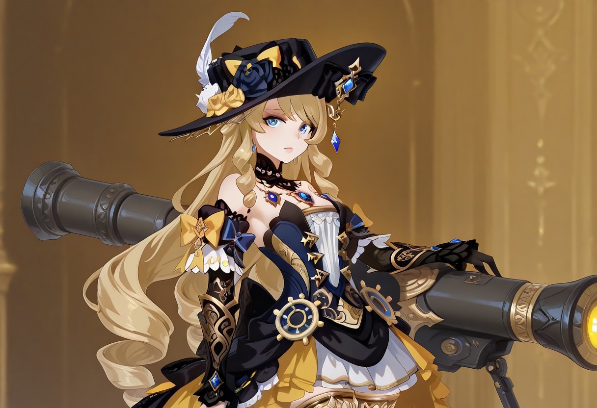 masterpiece, best quality, amazing quality, intricate details, dr3adsp1re, solo, looking at viewer, navia, fancy dress, ornate details, weapon, rocket launcher,