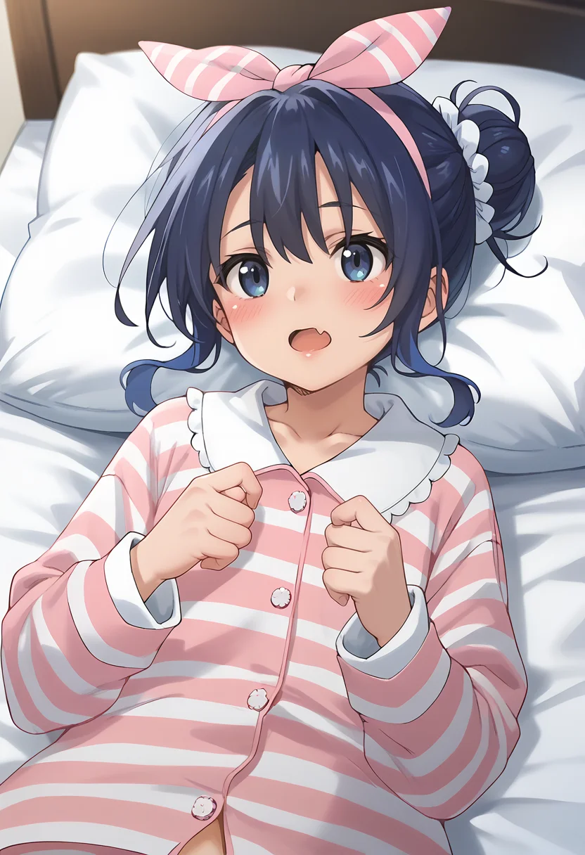 score_9_up,score_8_up,score_7_up,<lora:Riko Yokoya_v1.0_pony-000038:1>,
YAMS_RY,solo,open mouth,fang,bow,pink hair bow,single hair bun,blue hair,pajamas,blue eyes,blush,striped clothes,upper body,pillow,pink hairband