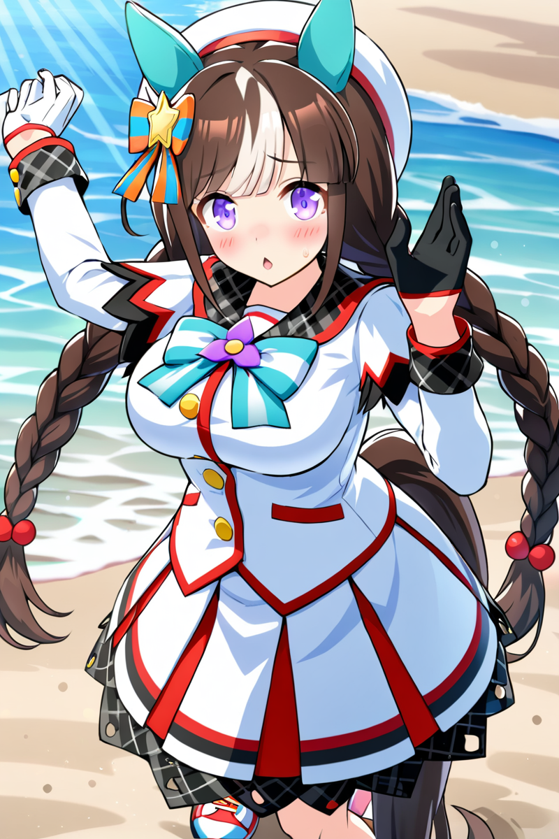 1girl, hokko tarumae \(umamusume\), solo focus, blush lines, large breasts,  chestnut mouth,bare ear,
horse ears, jewelry, horse tail, horse ears, horse tail, gloves, twin braids, hat, cowboy shot,looking at viewer, beret, hair ornament, shoes, white gloves, half gloves, mismatched gloves, black gloves, long sleeves, sailor collar, white jacket, white skirt, white socks, sneakers, bow tie, green bow
dancing, floating hair, sweat, looking at viewer, ocean, sunlight, sand,
masterpiece, best quality, ultra HD quality details,
 <lora:SDXL_hokko_tarumae_v1.0:0.7>
