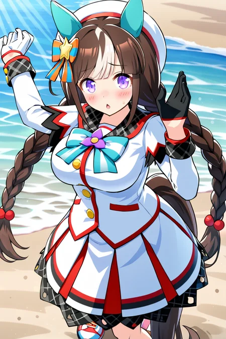 1girl, hokko tarumae \(umamusume\), solo focus, blush lines, large breasts,  chestnut mouth,bare ear,
horse ears, jewelry, horse tail, horse ears, horse tail, gloves, twin braids, hat, cowboy shot,looking at viewer, beret, hair ornament, shoes, white gloves, half gloves, mismatched gloves, black gloves, long sleeves, sailor collar, white jacket, white skirt, white socks, sneakers, bow tie, green bow
dancing, floating hair, sweat, looking at viewer, ocean, sunlight, sand,
masterpiece, best quality, ultra HD quality details,
 <lora:SDXL_hokko_tarumae_v1.0:0.7>