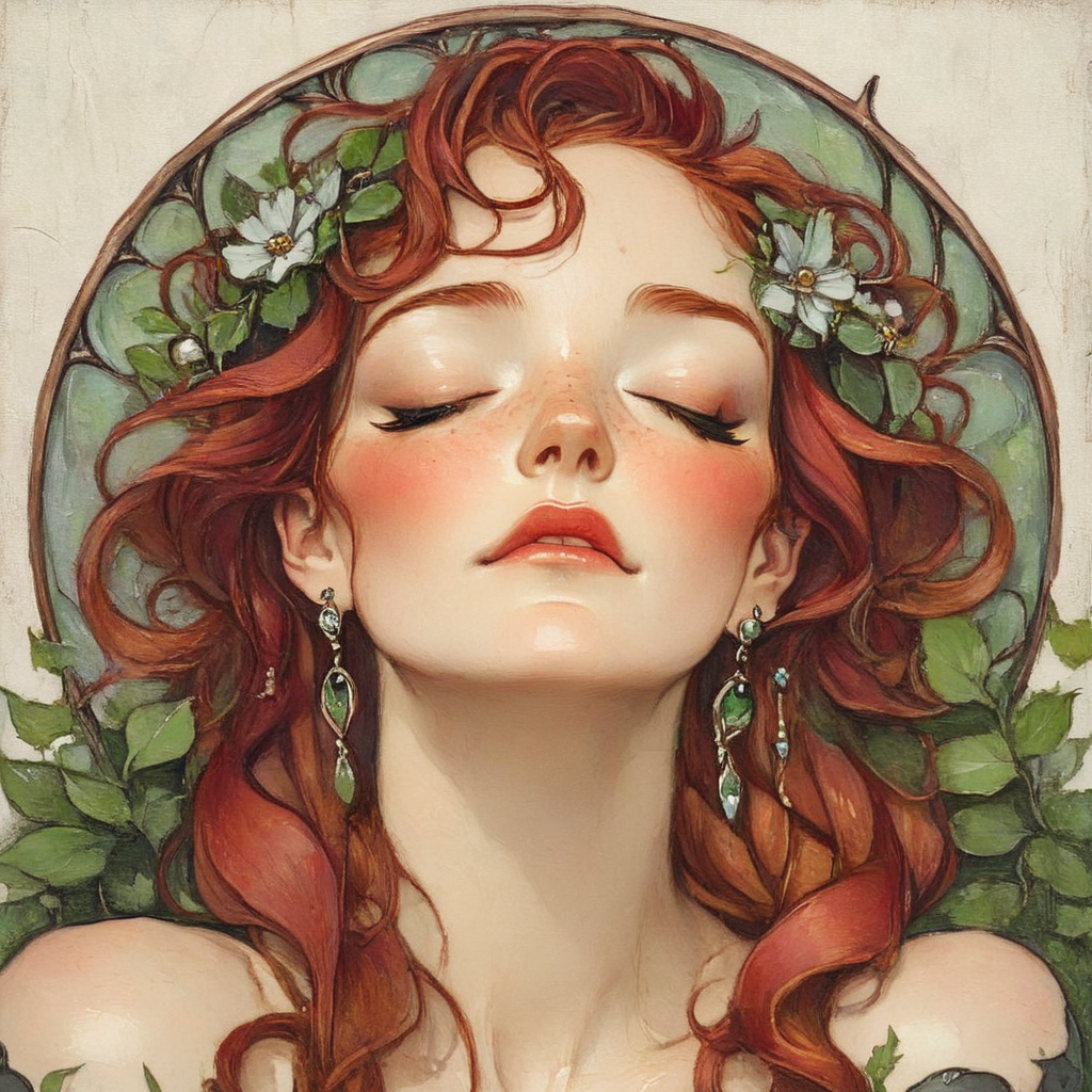 <lora:ArtNouveau2SDXL:1> ArsMJStyle, art nouveau,, The image shows a painting of a woman with red hair and flowers in her hair surrounded by leaves and stems., 1girl, solo, flower, closed eyes, earrings, red hair, jewelry, hair flower, hair ornament, long hair