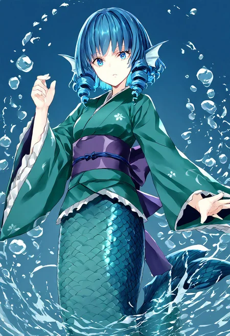 score_9, score_8_up, score_7_up, score_6_up, score_5_up, score_4_up, source_anime, 1girl, solo,
mlsllw, wakasagihime, blue eyes, medium hair, blue hair, drill hair, drill sidelocks, mermaid, head fins, print kimono, green kimono, frilled kimono, obi, purple sash, blue sash, lace, short_hair, long_sleeves, blue_eyes, frills, blue_hair, wide_sleeves, sash, japanese_clothes, obi, kimono, mermaid, drill_hair, green_kimono, head_fins, frilled_kimono, drill_sidelocks,
masterpiece, best quality, very aesthetic, absurdres,